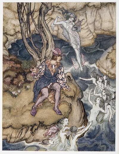 Esta música rastejou por sobre as águas, ilustração de William Shakespeares a tempestade, bar. 1926 de Arthur Rackham
