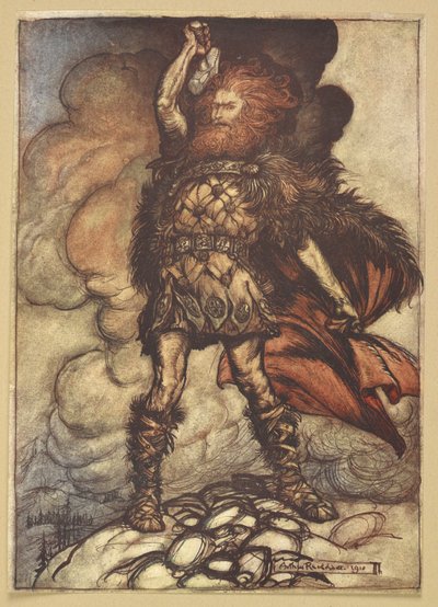 Thor levanta o seu martelo. de Arthur Rackham