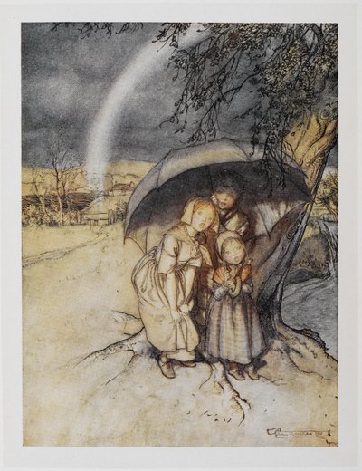 Três crianças abrigadas debaixo de um guarda-chuva com um arco-íris. "Chuva, vá para Espanha". de Arthur Rackham