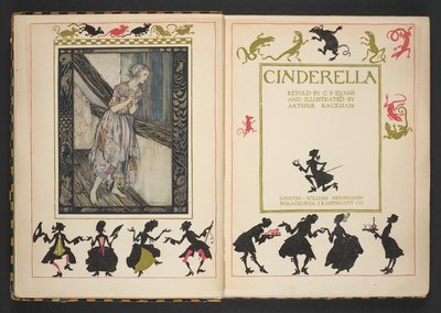 Página de título e frontispício de Cinderela, recontado por C.S. Evans, e ilustrado por Arthur Rackham de Arthur Rackham