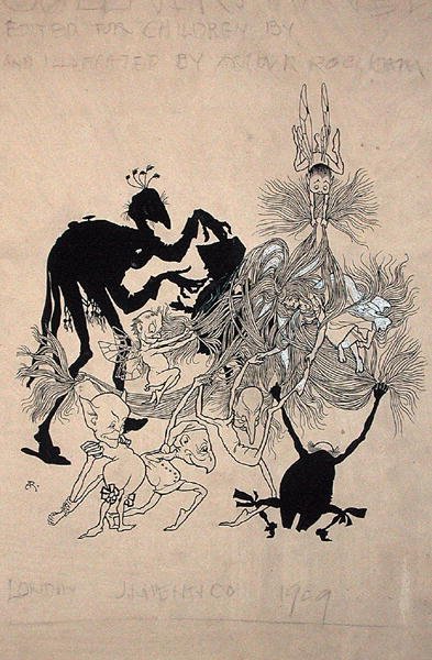 Ilustração da página de título de "The Zankiwank and the Bletherwitch", de S.J. Adair Fitzgerald, publicada em 1896 (caneta e tinta sobre papel) de Arthur Rackham