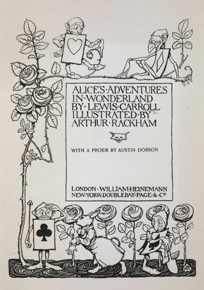 Página de título com uma roseira, o coelho branco e homens vestidos de cartão de Arthur Rackham