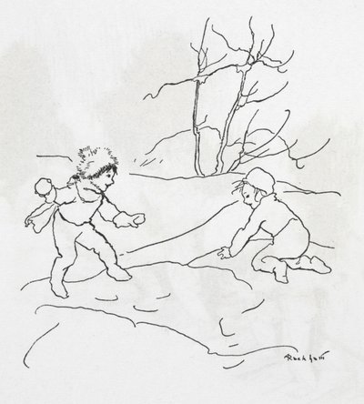 Duas crianças a terem uma luta de bolas de neve de Arthur Rackham