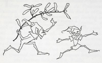 Dois duendes a brincar, um com um raminho de visco de Arthur Rackham