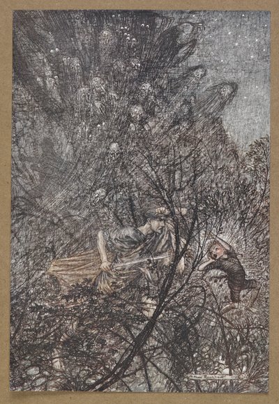 Para cima e para baixo, para cima e para baixo, goblin, conduza-os para cima e para baixo".
Uma cena de "A Midsummer Night