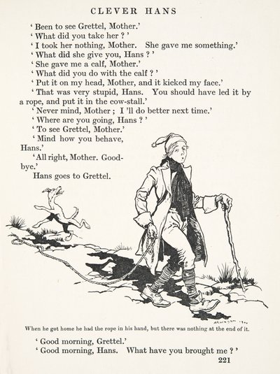 Quando ele chegou em casa, ele tinha a corda na mão, mas não havia nada no final, dos contos de fadas dos Irmãos Grimm, pub. 1909 de Arthur Rackham
