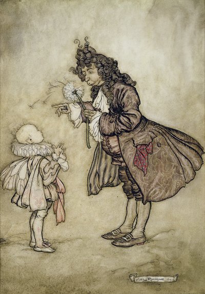 Quando sua majestade quer saber o tempo, de Peter Pan em jardins de Kensington por JM Barrie, bar. por Hodder e Stoughton, 1906 (caneta e tinta com wc no papel) de Arthur Rackham