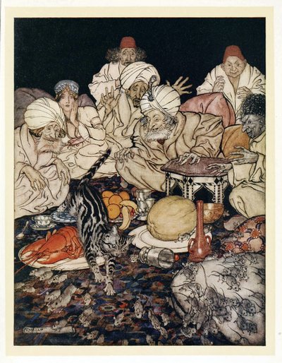 Quando Puss viu os ratos e camundongos, ela não esperou para ser contada, do Conto Inglês de Contos de Fadas. 1922 de Arthur Rackham