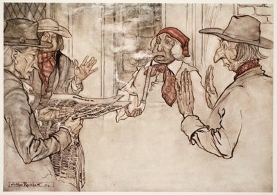 Quando alguma coisa o desagradava, observava-se que ele fumava seu cachimbo com veemência, e enviava bufês curtos, frequentes e raivosos, de Rip Van Winkle, de Washington Irving, pub. 1910 de Arthur Rackham