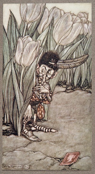 Quando ouviu a voz de Peters, ele ficou alarmado atrás de uma tulipa, de Peter Pan em Kensington Gardens, de JM Barrie (1860 - 1937), pub. 1906 de Arthur Rackham