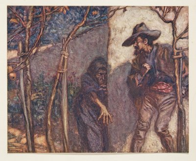 Quando ele passou por cima do muro, ficou aterrorizado ao ver a bruxa diante dele, do conto The Fairy Tales dos irmãos Grimm. 1909 de Arthur Rackham