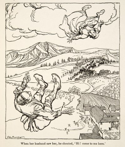 Quando o marido dela a viu, gritou: "Olá! Vem ter comigo aqui", de Little Brother & Little Sister and Other Tales by the Brothers Grimm, pub.1917 (litho) de Arthur Rackham