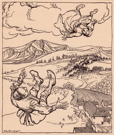 Quando o marido a viu, ele gritou: "Olá! vem ter comigo aqui". Ilustração de Arthur Rackham de Grimm