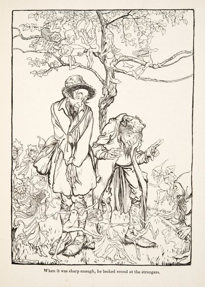 Quando estava afiado o suficiente, ele olhou em volta para estranhos, de Little Brother & Little Sister e Outros Contos dos Irmãos Grimm, pub.1917 (litho) de Arthur Rackham