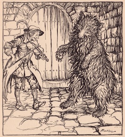 Quando o urso ouviu a música, não pôde deixar de começar a dançar. Ilustração de Arthur Rackham de Grimm