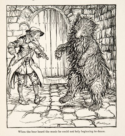 Quando o urso ouviu a música, não pôde deixar de começar a dançar, de Little Brother & Little Sister and Other Tales by the Brothers Grimm, pub.1917 (litho) de Arthur Rackham