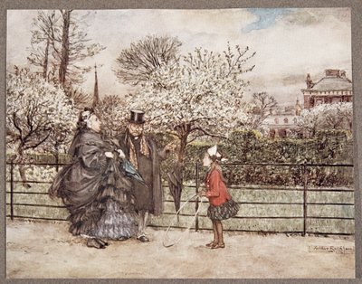 Quando você encontra Grown Up pessoas nos jardins que sopram e sopram como se eles se achassem maiores do que são ..., de Peter Pan em Kensington Gardens por JM Barrie (1860 - 1937), pub. 1906 (colo de Arthur Rackham