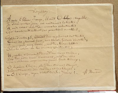 Manuscrito do poema de Arthur Rimbaud: "As Vogais". de Arthur Rimbaud