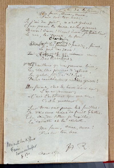 Manuscrito do poema "Les fetes de la faim", de Arthur Rimbaud, agosto de 1872. Charleville, Musee Rimbaud de Arthur Rimbaud