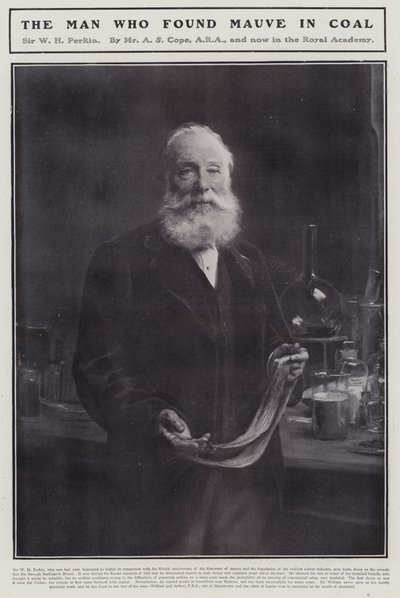William Henry Perkin, químico inglês que descobriu o primeiro corante orgânico sintético, mauveine (litho) de Arthur Stockdale Cope