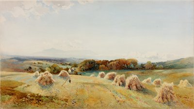 Um campo de colheita, Windermere (bodycolour, lápis e wc no papel) de Arthur Tucker