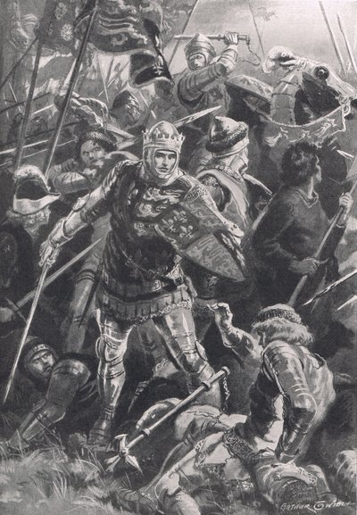 Henry V e o Duc D&39;Alencon na Batalha de Agincourt, 25 de outubro de 1415, ilustração de "Batalhas Britânicas na Terra e no Mar", publicada por Cassell, Londres, c.1910 de Arthur Twidle