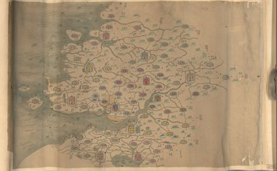 850.000. fornecidos. Orientado com o norte para o fundo. Relevo mostrado pictóricamente. Mapa pictórico. Caneta e tinta e aguarela. Mostra montanhas, costa, ilhas e estradas na província de Zhejiang. Hummel compra 1930, não. 35. Disponível também através d de Arthur W. Hummel
