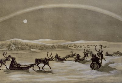 Uma Aparição Singular das Luzes do Norte, sobre um Lapão de Renas, cruzando o Jerdis Javri, de esboços de inverno na Lapônia, gravada por James Duffield Harding (1798-1863) 1825 (gravado de Arthur de Capell Brooke