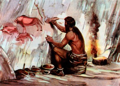 Uma pintura de Homo Sapiens numa gruta, de "Vita Meravigliosa" (gravura) de Artist Unknown