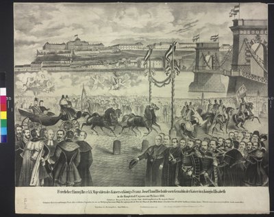 Chegada do casal imperial ao armazém da corte em Budapeste a 29. janeiro de 1866 de Artist Unknown