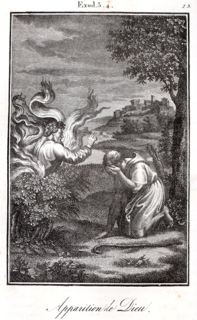 Bíblia - Moisés e a sarça ardente Deus aparece a Moisés a partir de uma sarça ardente. de Artist Unknown