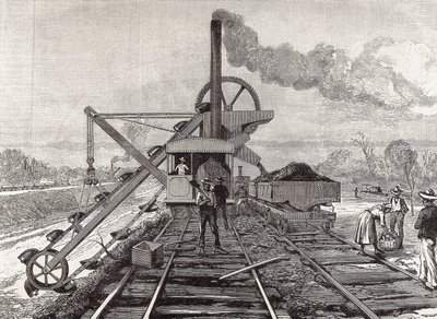 Construção do Canal do Panamá. Trabalhos de dragagem na aldeia de Culebra. Desenho original de Meltor Prior. Imagem publicada no "The Illustrated London News". Gravura. de Artist Unknown