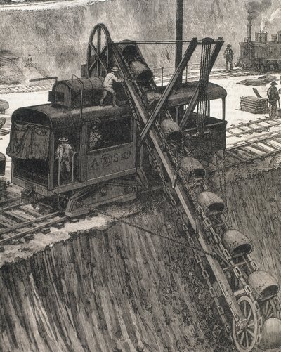 Construção do Canal do Panamá. Trabalhos de dragagem na aldeia de Culebra. Desenho original de Meltor Prior. Imagem publicada no "The Illustrated London News". Gravura. de Artist Unknown