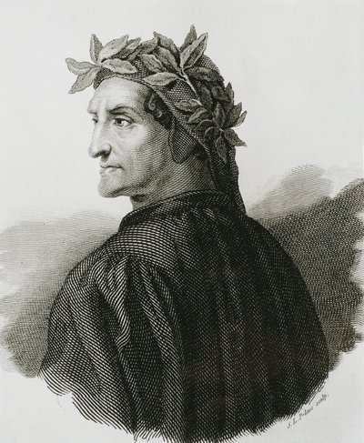 DANTE ALIGHIERI (1265-1321). Poeta italiano; Rafael (1483-1520). Reprodução de um fresco de Rafael. Gravura. de Artist Unknown