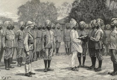 Inglaterra (século XIX). Colonização. Índia. Os novos regimentos de Burmah. Juramento dos novos recrutas. Gravura. Coleção particular de Artist Unknown