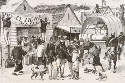 Inglaterra (C19th). Colonização (1880). A vida dos garimpeiros na Austrália. Colónia inglesa de Botany Bay (fundada em 1788) e inicialmente povoada sobretudo por criminosos que se tornaram garimpeiros e comerciantes. Gravura. Coleção particular de Artist Unknown