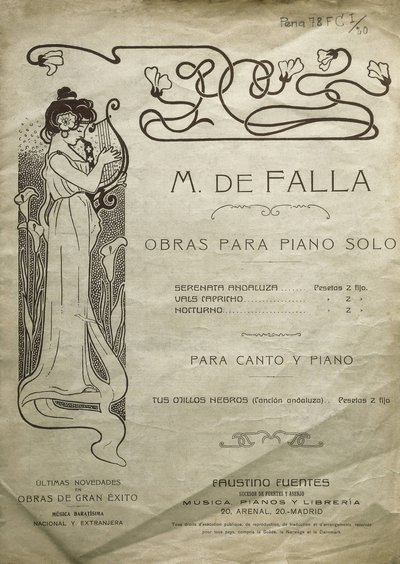 FALLA, Manuel de (1876-1946). Compositor e pianista espanhol. Obras para piano solo e para piano e voz. Editado em Madrid. de Artist Unknown