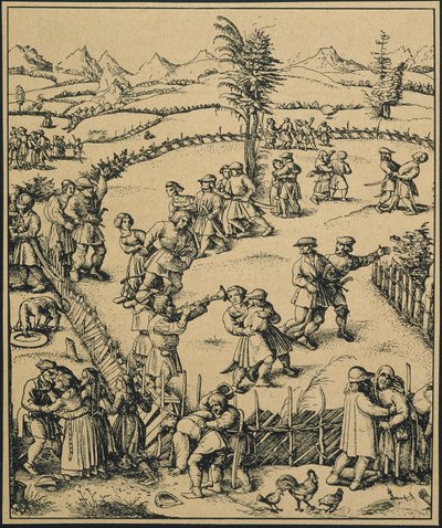 Festa dos agricultores numa quinta alemã ("Der Jahrmarkt"). Música e dança. (gravura) de Artist Unknown