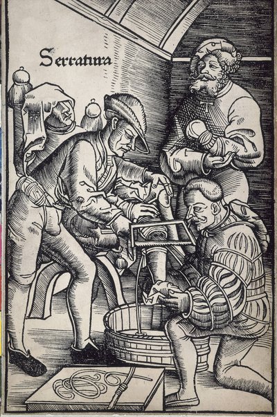 Gersdorff, Hans von (1455 - 1529). Cirurgião alemão. Amputação de uma perna. Xilogravura de Hans Wechtlin para o livro "Feldtbuch der Wundartzney" (Livro de campo de cirurgia) de Artist Unknown