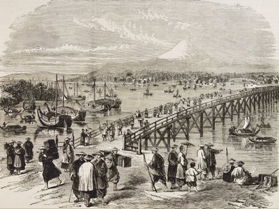 JAPÃO (séc. XIX) - Cidade de Edo, atravessada pelo rio Toniak. Gravura. Coleção particular de Artist Unknown