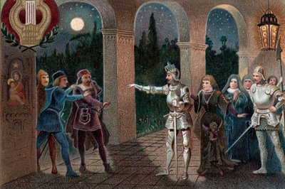 Leonora raptada do convento por Manrico, Ato II cena 5 da ópera "Il Trovatore" de Giuseppe Verdi de Artist Unknown