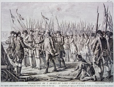 Rendição de Lord Corwallis do exército britânico em Yorktown (gravura) de Artist Unknown