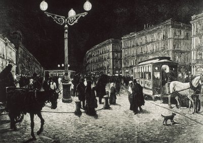 Madrid (1878). A Puerta del Sol iluminada com luz eléctrica. Imagem segundo um desenho de Pellicer para "La Ilsutracion Espanola y Americana". Gravura. de Artist Unknown