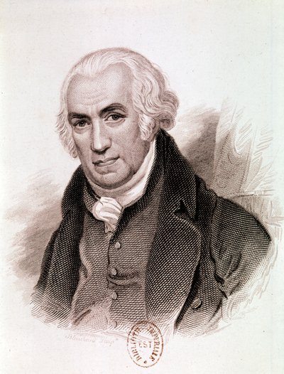 Retrato de James Watt, inventor, engenheiro mecânico e químico escocês (gravura) de Artist Unknown