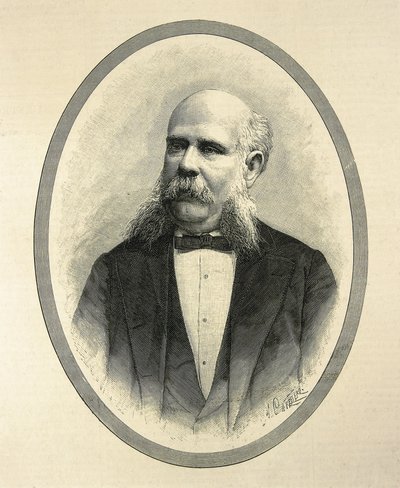 RIUS I TAULET, Francesc de Paula (1833-1889). Advogado e político espanhol. Presidente da Câmara Municipal de Barcelona e promotor da Exposição Universal de Barcelona de 1888. Retrato publicado em "La Ilustracion Espanola y Americana" de A. Carretero. Grav de Artist Unknown