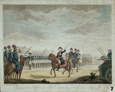 Acampamento russo em Itália em 1799, comandado pelo Príncipe e Marechal de Campo Alexander Suvorov (impressão a cores) de Artist Unknown