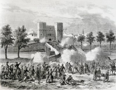 Espanha (1868). Revolução Gloriosa. Ataque das tropas governamentais na Porta de Serrans, em Valência. Gravura de "A Ilustração. Jorinal Universal". Gravura de Artist Unknown