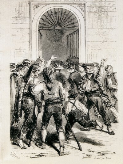Espanha (1873). Proclamação da Primeira República e tomada de assalto da Câmara Municipal de Barcelona (11 de fevereiro de 1873). Gravura. de Artist Unknown
