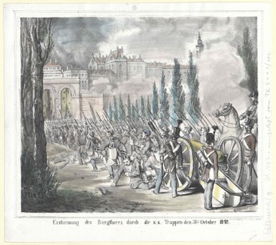 Tomada da porta do castelo pelas tropas do K. K. em 31 de outubro de 1848 de Artist Unknown