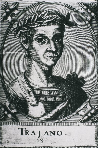 TRAJANO, Marcus Ulpius Traianus (53-117). Retrato de Trajano com louros. Pormenor da gravura original. Gravura. de Artist Unknown